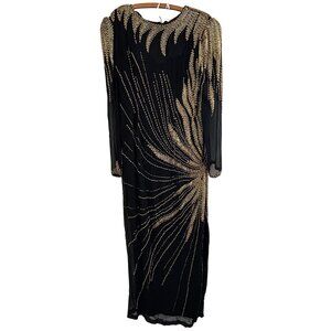 Vintage Black Tie by He-Ro Industries 1980s Silk Beaded Gown Black Gold Size 16